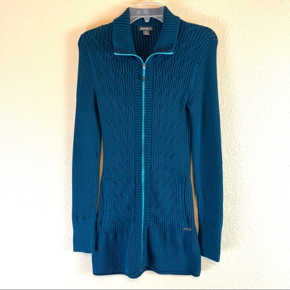 Eddie Bauer Women’s Teal Cable Knit Long Full Zip Sweater. Sz S - Picture 13 of 13